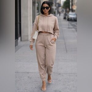 💜 Aeropostale Jogger Set Tan XS Cropped Hoodie & Small High Waisted Bottoms